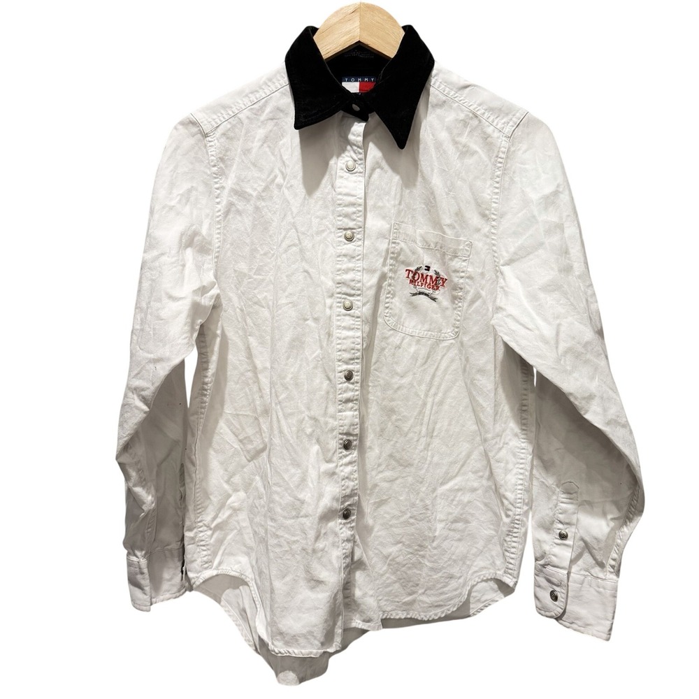 Tommy Hilfiger Vintage White Button Down Shirt Black Corduroy Collar Mens 8